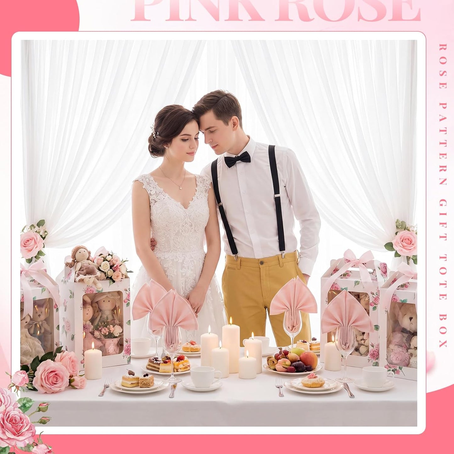 Eaasty 24 Pcs Pink Floral Gift Boxes with Clear Window 9.8 x 7 x 5.1 Inch Bridal Shower Party Favor Boxes with Handle Pink Satin Ribbon for Wedding, Baby Shower, Birthday Party Favors