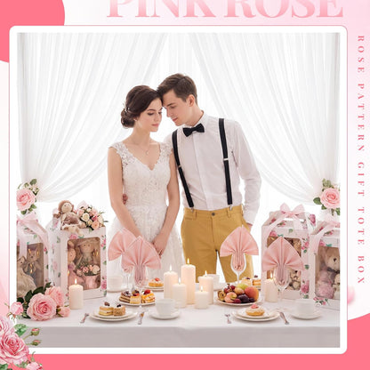 Eaasty 24 Pcs Pink Floral Gift Boxes with Clear Window 9.8 x 7 x 5.1 Inch Bridal Shower Party Favor Boxes with Handle Pink Satin Ribbon for Wedding, Baby Shower, Birthday Party Favors