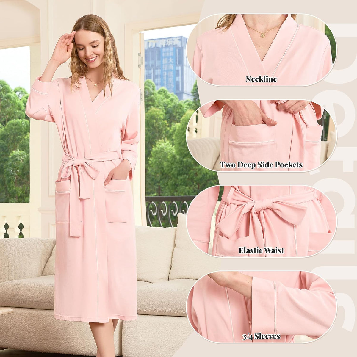 Womens 100% Cotton Robe, Soft Lightweight Long Bathrobe for Home
