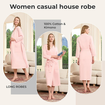 Womens 100% Cotton Robe, Soft Lightweight Long Bathrobe for Home