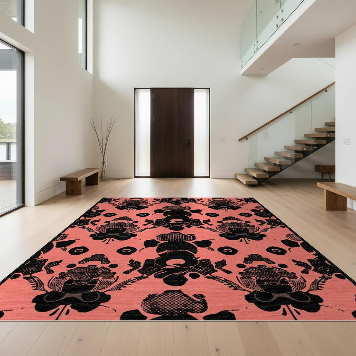 4'x6' Machine Wash Ready Abstract Floral Area Rug, Coral for Home Office, Gaming Room, Under Desk, Chair-Friendly & Snag-Free Skid-Resistant Medium Carpet | 2138142