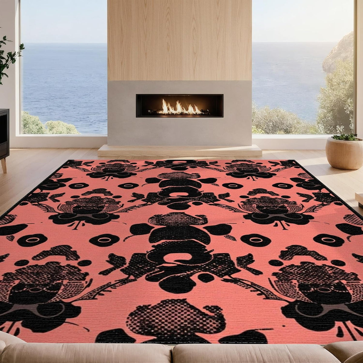 4'x6' Machine Wash Ready Abstract Floral Area Rug, Coral for Home Office, Gaming Room, Under Desk, Chair-Friendly & Snag-Free Skid-Resistant Medium Carpet | 2138142