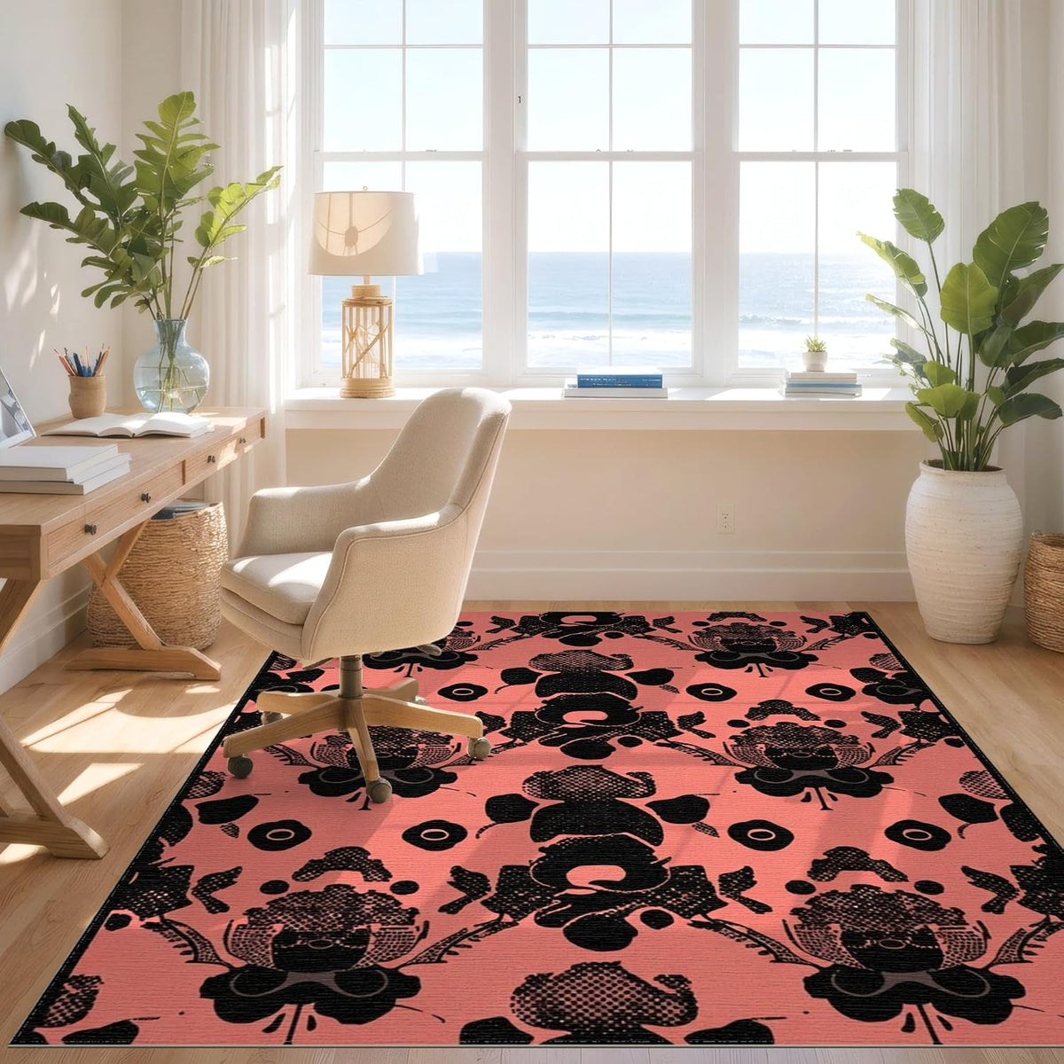 4'x6' Machine Wash Ready Abstract Floral Area Rug, Coral for Home Office, Gaming Room, Under Desk, Chair-Friendly & Snag-Free Skid-Resistant Medium Carpet | 2138142