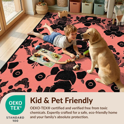 4'x6' Machine Wash Ready Abstract Floral Area Rug, Coral for Home Office, Gaming Room, Under Desk, Chair-Friendly & Snag-Free Skid-Resistant Medium Carpet | 2138142