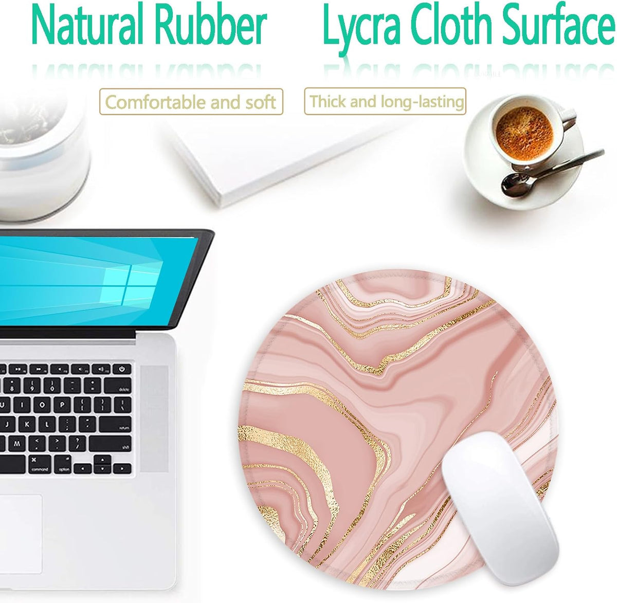 Mouse Pad, Non-Slip Rubber Base Mousepad with Stitched Edge, Gaming Round Mouse Pads, Waterproof Office Mouse Pad, Small Size 7.87 x 7.87 Inch (Pink Gold Marble)