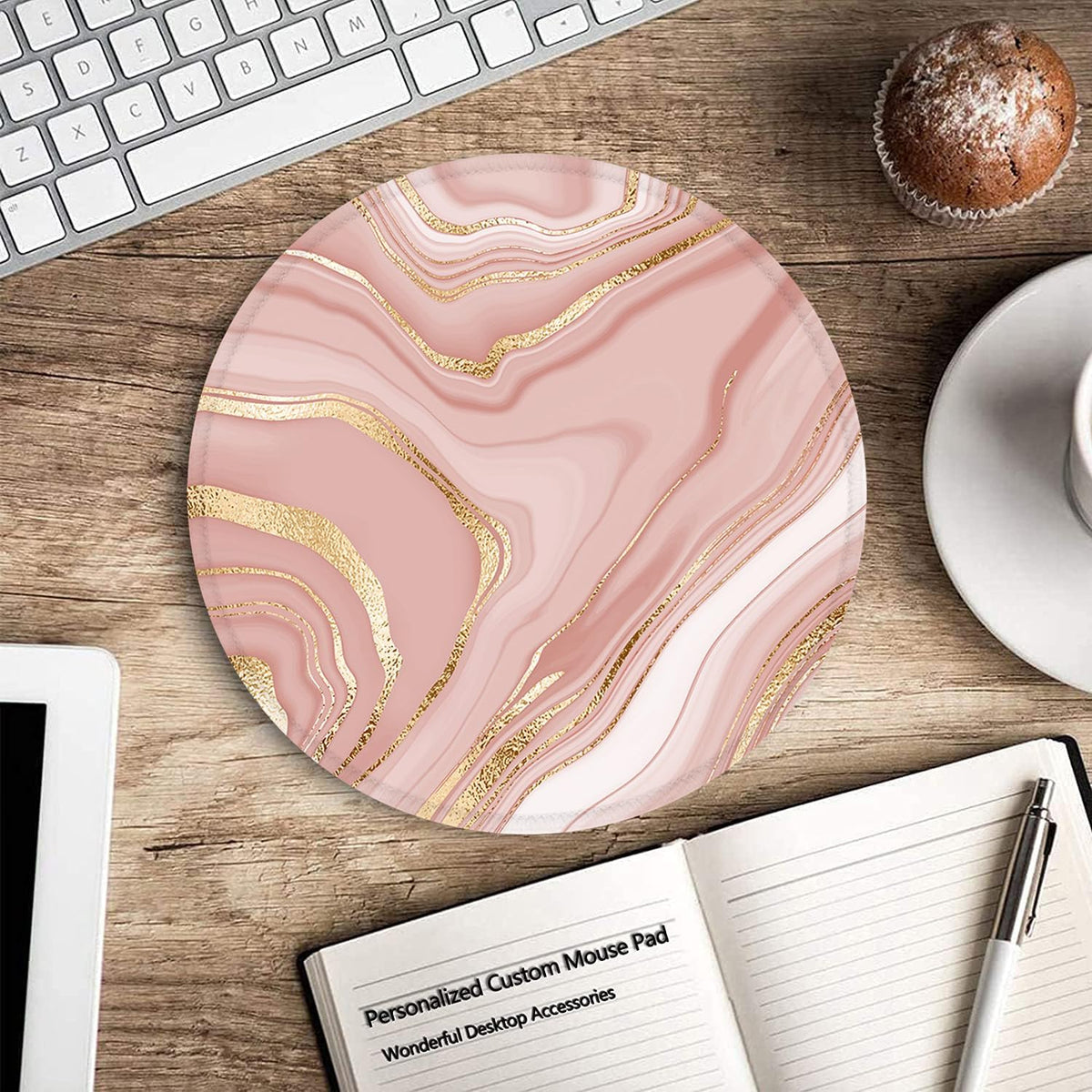 Mouse Pad, Non-Slip Rubber Base Mousepad with Stitched Edge, Gaming Round Mouse Pads, Waterproof Office Mouse Pad, Small Size 7.87 x 7.87 Inch (Pink Gold Marble)