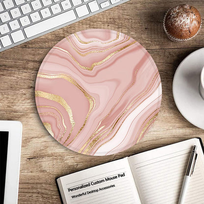 Mouse Pad, Non-Slip Rubber Base Mousepad with Stitched Edge, Gaming Round Mouse Pads, Waterproof Office Mouse Pad, Small Size 7.87 x 7.87 Inch (Pink Gold Marble)