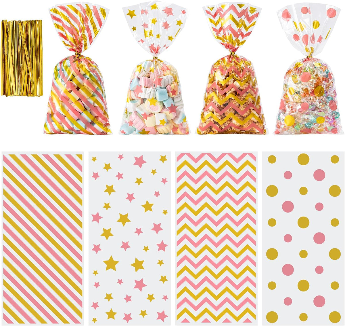 120 Pack Cellophane Treat Bags,10.63 x 5.12 Inch with 140 Pcs Twists
