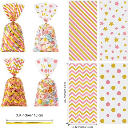 120 Pack Cellophane Treat Bags,10.63 x 5.12 Inch with 140 Pcs Twists