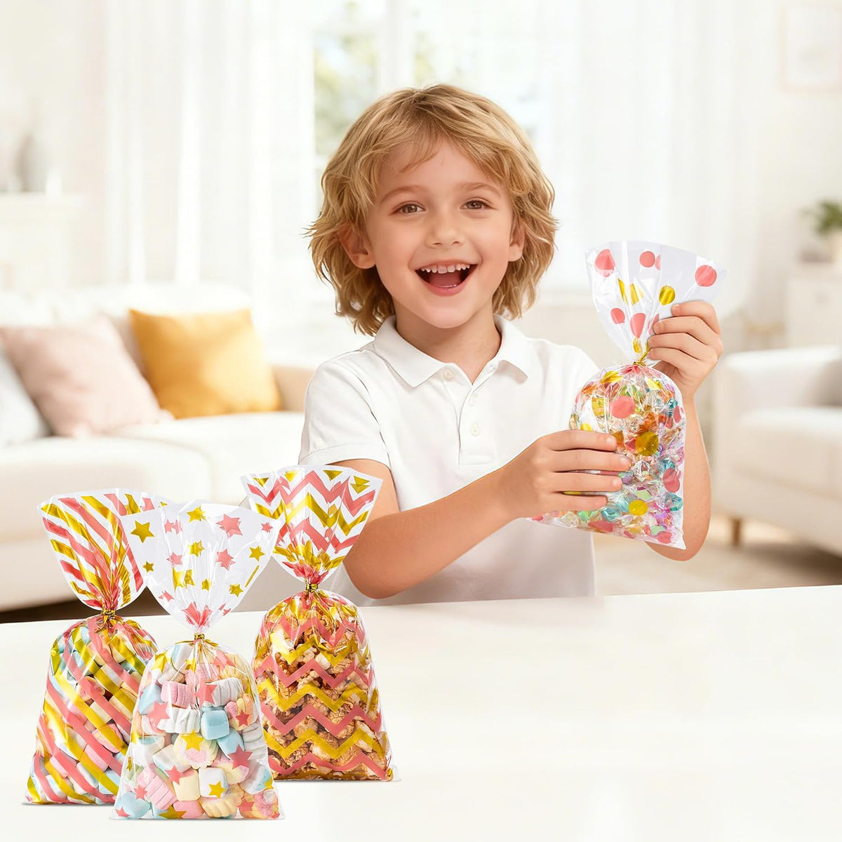 120 Pack Cellophane Treat Bags,10.63 x 5.12 Inch with 140 Pcs Twists