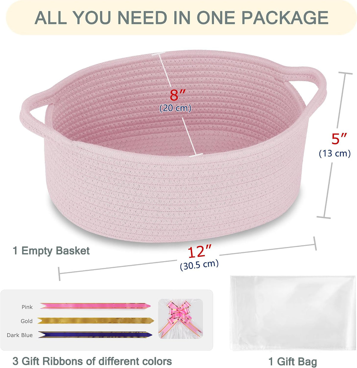 Empty Small Gift Basket with Bag & Ribbons, Light pink