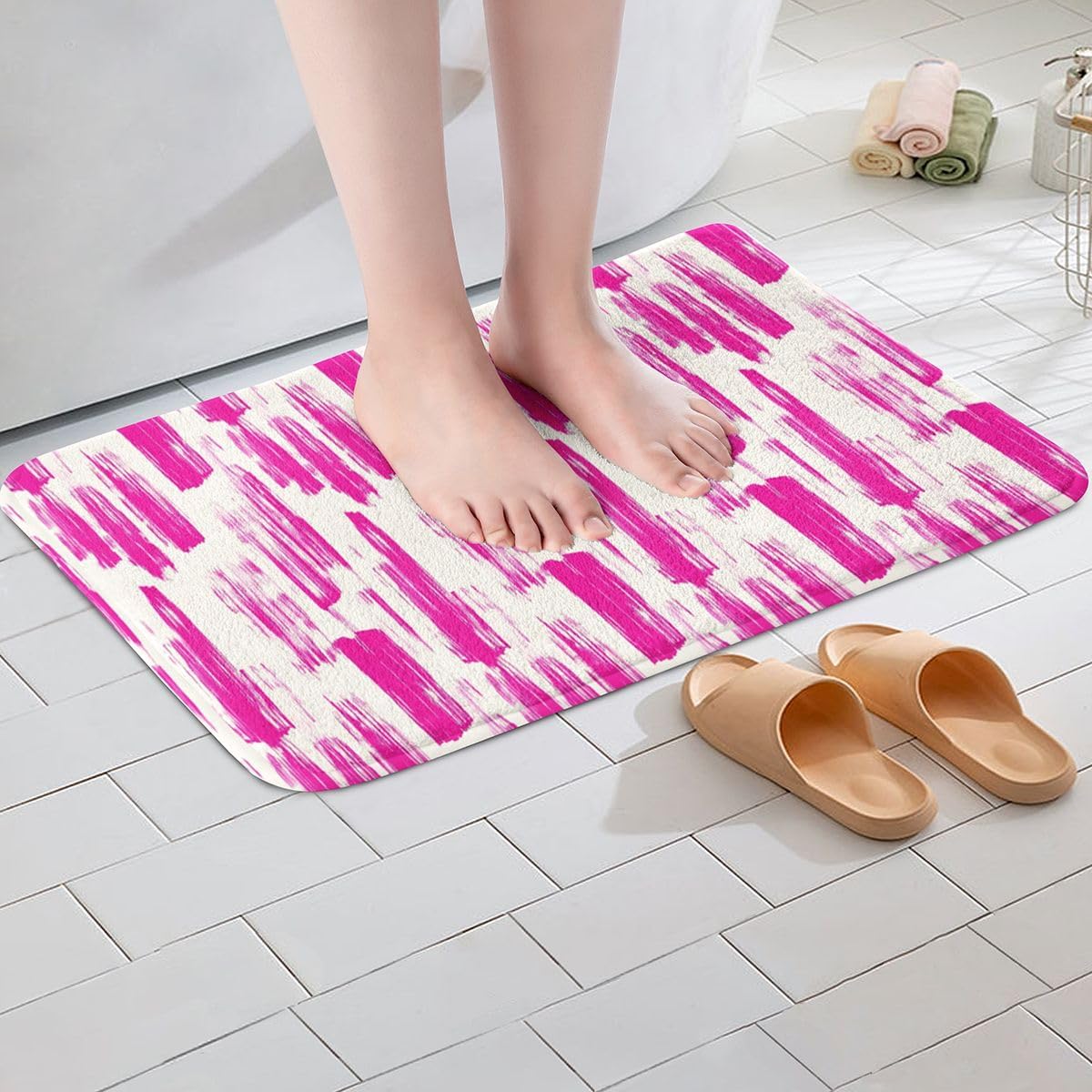Pink Stripe Line Bathroom Rugs Microfiber 20"x32" Modern Art Bath Mats Non-Slip Luxury Bathroom Accessories Floor Doormats Soft Door Mat
