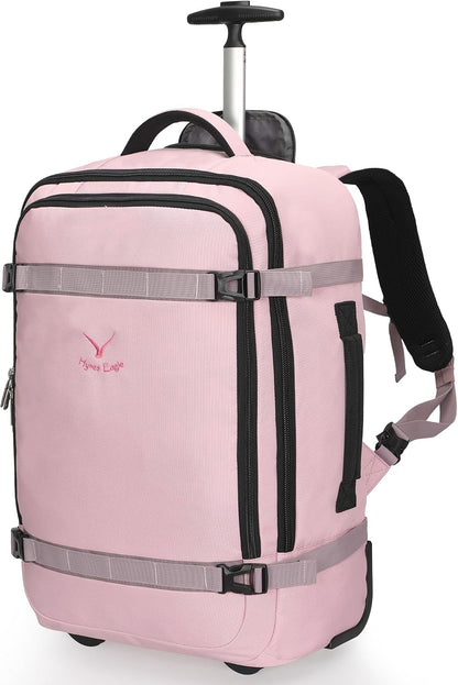 Rolling Backpack 42L Backpack with Wheels Airline Approved Carry on Luggage Laptop Travel Suitcase Bag for Women Men Light Pink