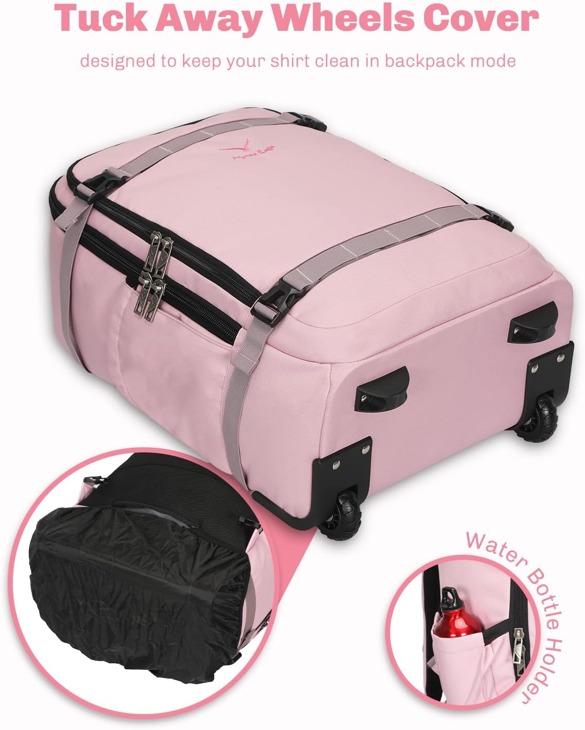 Rolling Backpack 42L Backpack with Wheels Airline Approved Carry on Luggage Laptop Travel Suitcase Bag for Women Men Light Pink