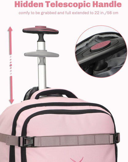 Rolling Backpack 42L Backpack with Wheels Airline Approved Carry on Luggage Laptop Travel Suitcase Bag for Women Men Light Pink