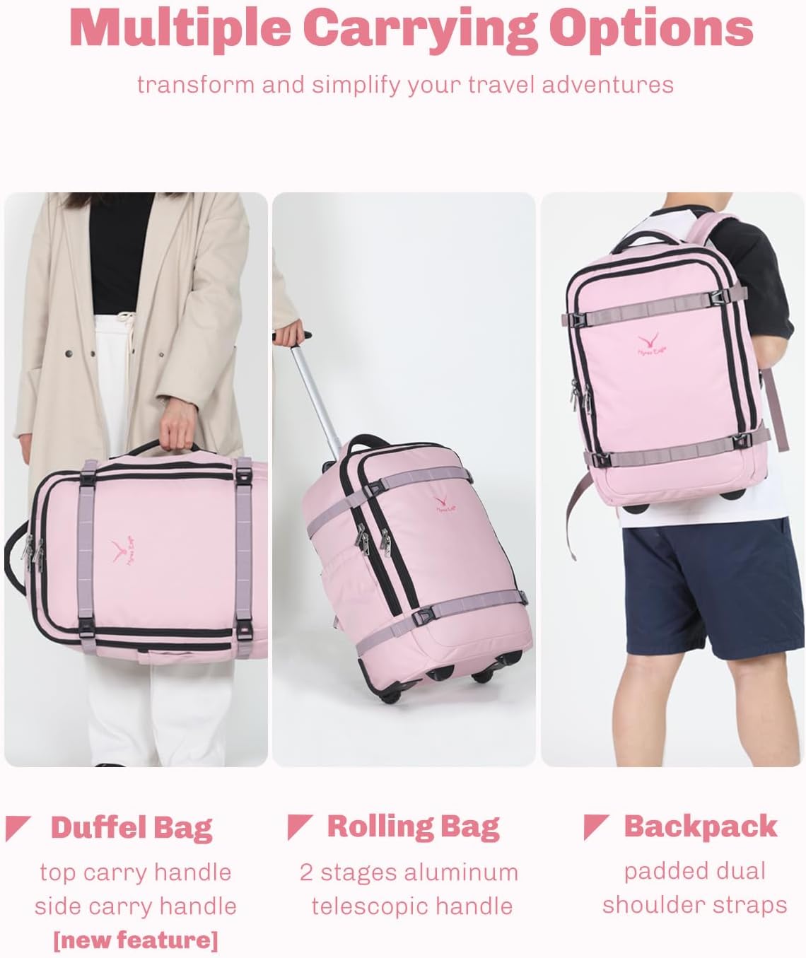 Rolling Backpack 42L Backpack with Wheels Airline Approved Carry on Luggage Laptop Travel Suitcase Bag for Women Men Light Pink