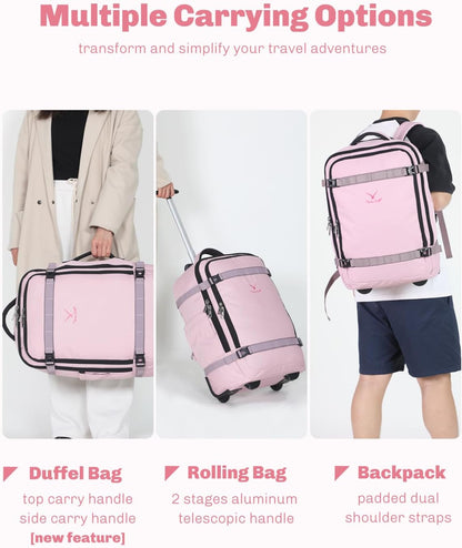 Rolling Backpack 42L Backpack with Wheels Airline Approved Carry on Luggage Laptop Travel Suitcase Bag for Women Men Light Pink