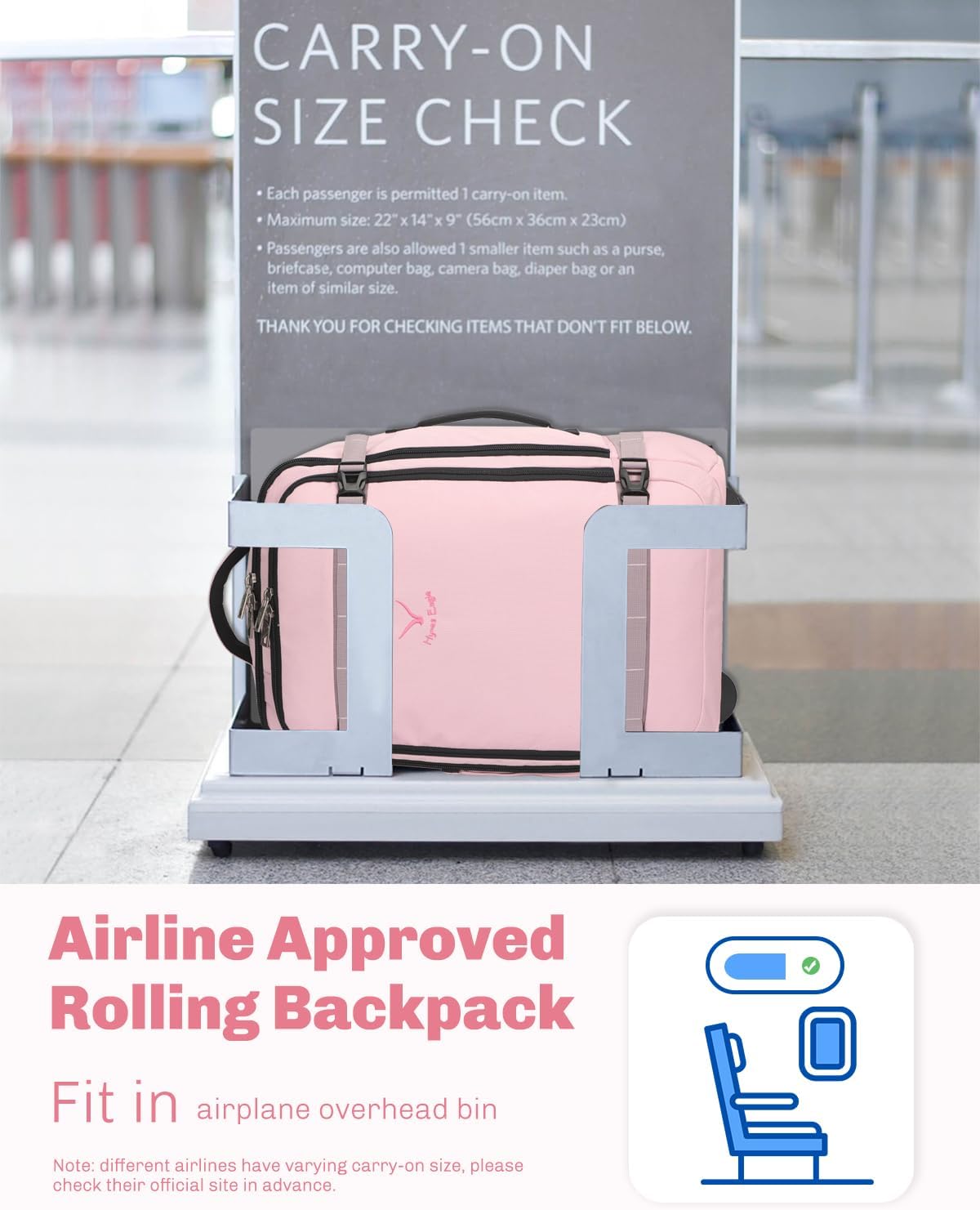 Rolling Backpack 42L Backpack with Wheels Airline Approved Carry on Luggage Laptop Travel Suitcase Bag for Women Men Light Pink