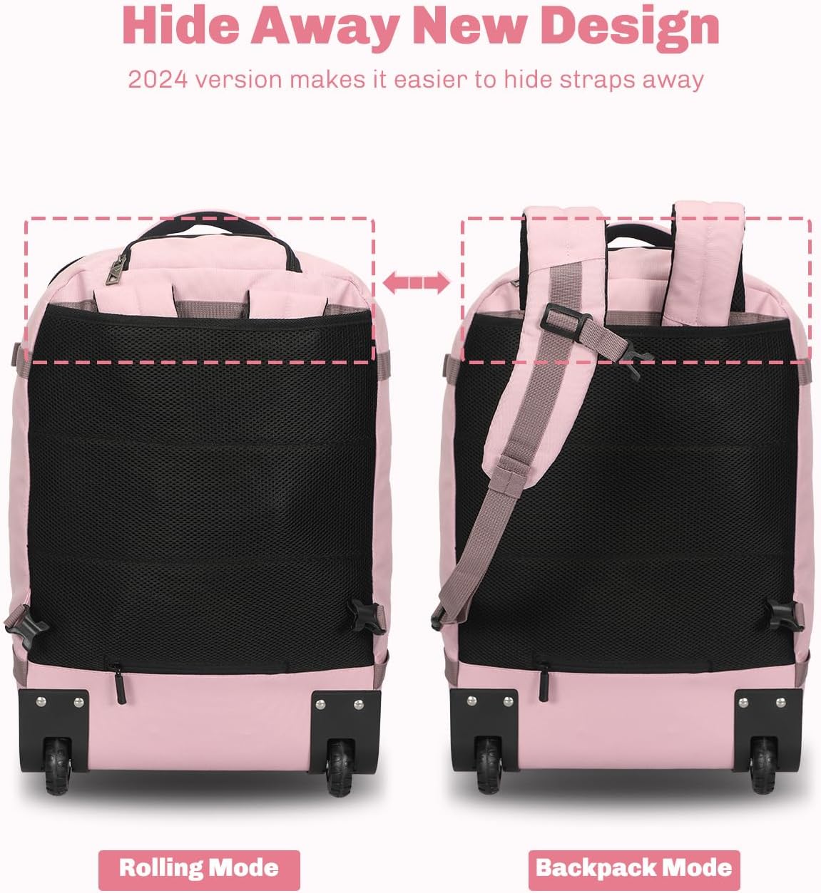 Rolling Backpack 42L Backpack with Wheels Airline Approved Carry on Luggage Laptop Travel Suitcase Bag for Women Men Light Pink