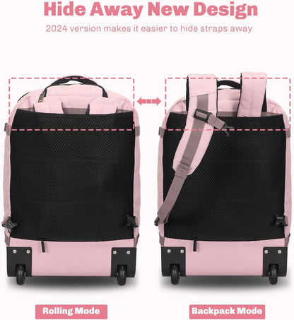 Rolling Backpack 42L Backpack with Wheels Airline Approved Carry on Luggage Laptop Travel Suitcase Bag for Women Men Light Pink