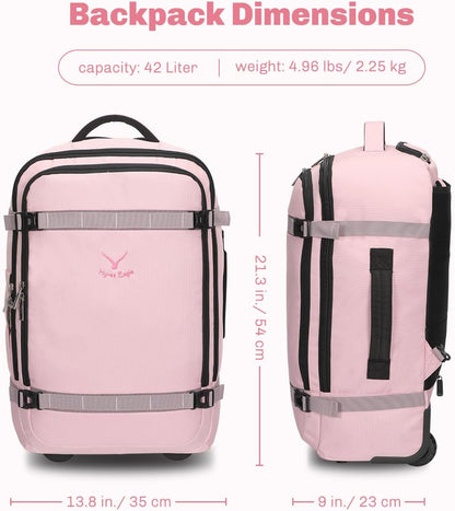 Rolling Backpack 42L Backpack with Wheels Airline Approved Carry on Luggage Laptop Travel Suitcase Bag for Women Men Light Pink