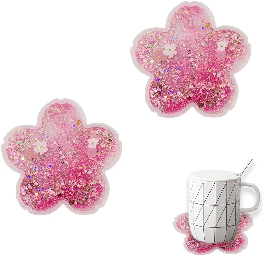 2 Pack Funny Drink Coasters Sakura Quicksand Coaster Silicone Tea Cup Mats Coffee Coasters Non-Slip Insulation Cup Pad Home Office Table Decor, 5.5 Inches
