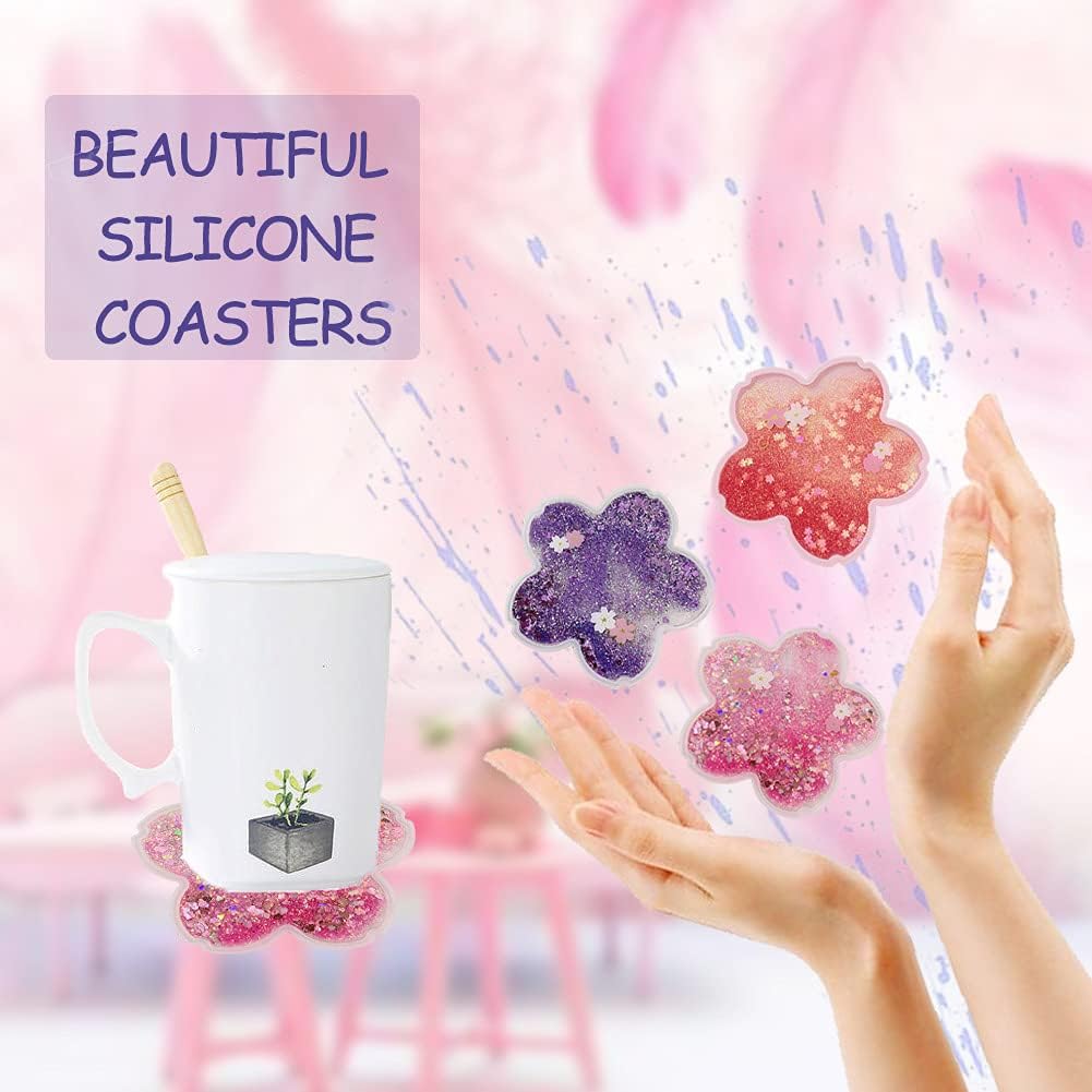 2 Pack Funny Drink Coasters Sakura Quicksand Coaster Silicone Tea Cup Mats Coffee Coasters Non-Slip Insulation Cup Pad Home Office Table Decor, 5.5 Inches