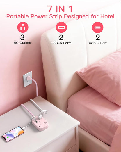 Cruise Essentials 2026, Travel Power Strip with USB C,Flat Plug, Pink