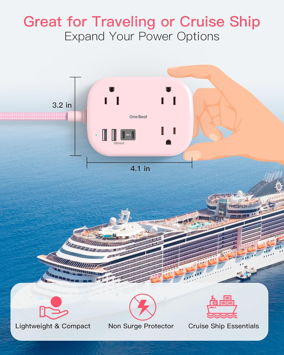 Cruise Essentials 2026, Travel Power Strip with USB C,Flat Plug, Pink