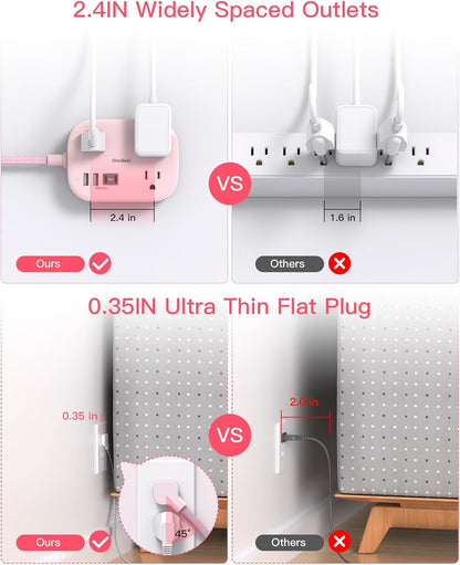 Cruise Essentials 2026, Travel Power Strip with USB C,Flat Plug, Pink