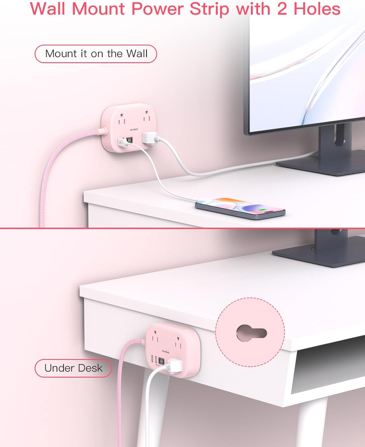 Cruise Essentials 2026, Travel Power Strip with USB C,Flat Plug, Pink