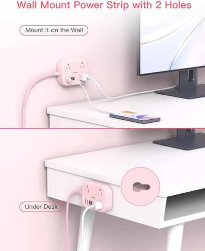 Cruise Essentials 2026, Travel Power Strip with USB C,Flat Plug, Pink
