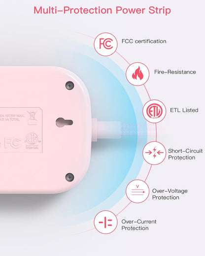 Cruise Essentials 2026, Travel Power Strip with USB C,Flat Plug, Pink