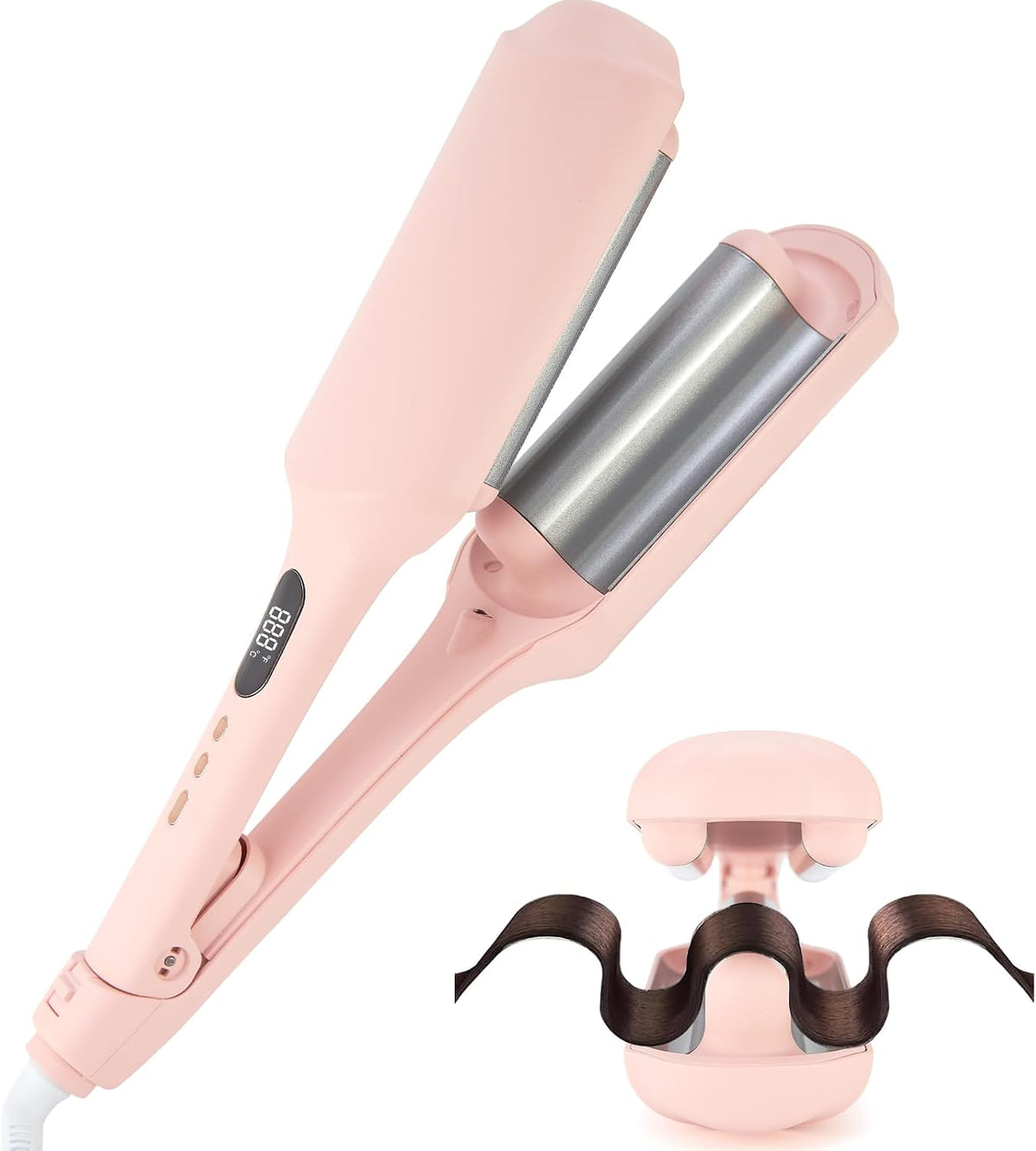 Beach Waver Curling Iron for Women 1.25 Inch, Deep Waver Hair Tool with Ceramic 3 Barrel Wave Curling Iron, Ionic, Dual Voltage, Anti-Scald, Easy to Use, Pink