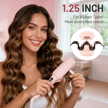 Beach Waver Curling Iron for Women 1.25 Inch, Deep Waver Hair Tool with Ceramic 3 Barrel Wave Curling Iron, Ionic, Dual Voltage, Anti-Scald, Easy to Use, Pink