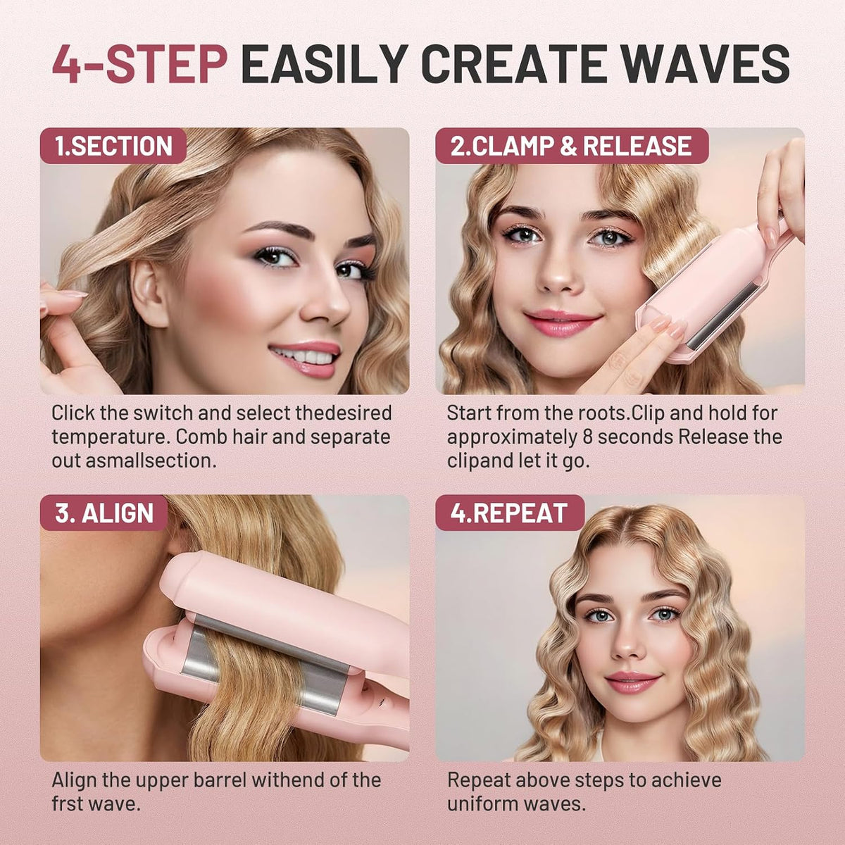 Beach Waver Curling Iron for Women 1.25 Inch, Deep Waver Hair Tool with Ceramic 3 Barrel Wave Curling Iron, Ionic, Dual Voltage, Anti-Scald, Easy to Use, Pink