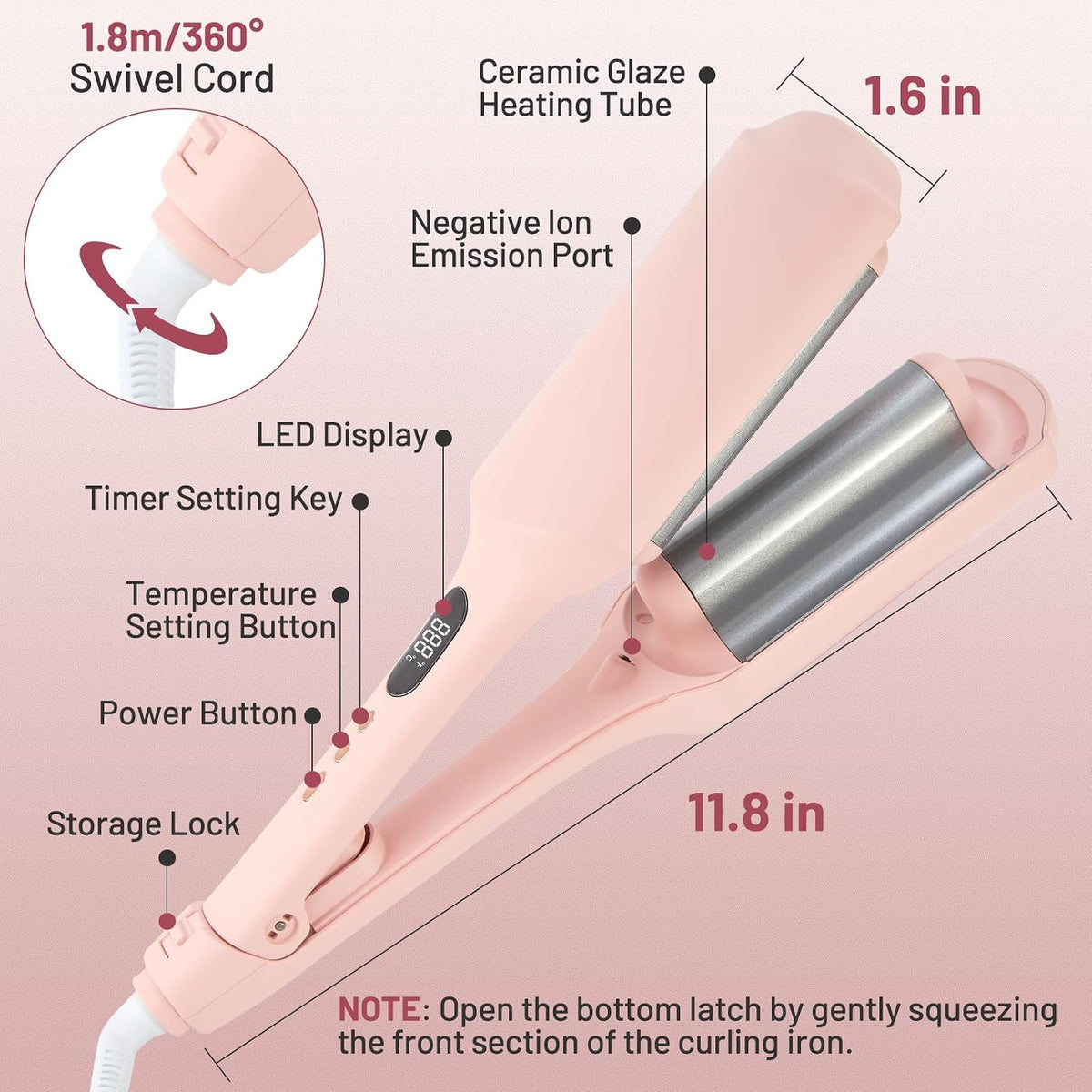 Beach Waver Curling Iron for Women 1.25 Inch, Deep Waver Hair Tool with Ceramic 3 Barrel Wave Curling Iron, Ionic, Dual Voltage, Anti-Scald, Easy to Use, Pink