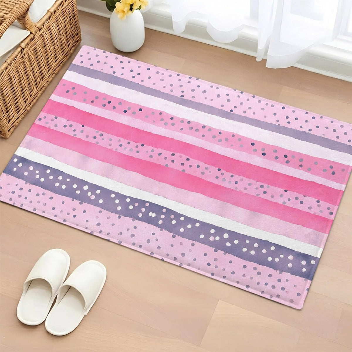 Non Slip Bath Mat for Bathroom Floor Tub, Abstract Pink Horizontal Stripes Bathroom Rug Water Absorbent Soft Shaggy Rugs Indoor Doormats Polka Dots Mats,16x24in