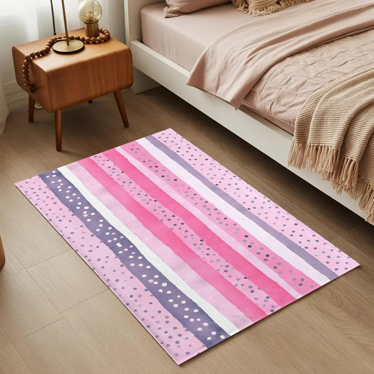 Non Slip Bath Mat for Bathroom Floor Tub, Abstract Pink Horizontal Stripes Bathroom Rug Water Absorbent Soft Shaggy Rugs Indoor Doormats Polka Dots Mats,16x24in