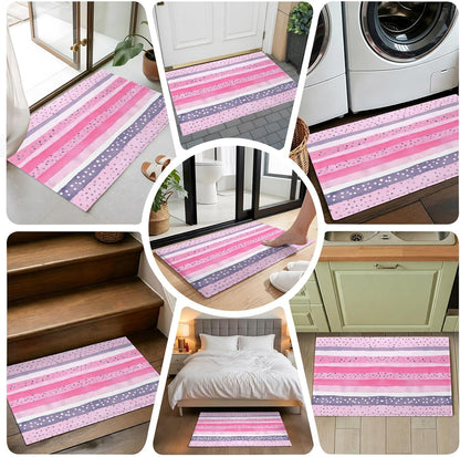 Non Slip Bath Mat for Bathroom Floor Tub, Abstract Pink Horizontal Stripes Bathroom Rug Water Absorbent Soft Shaggy Rugs Indoor Doormats Polka Dots Mats,16x24in