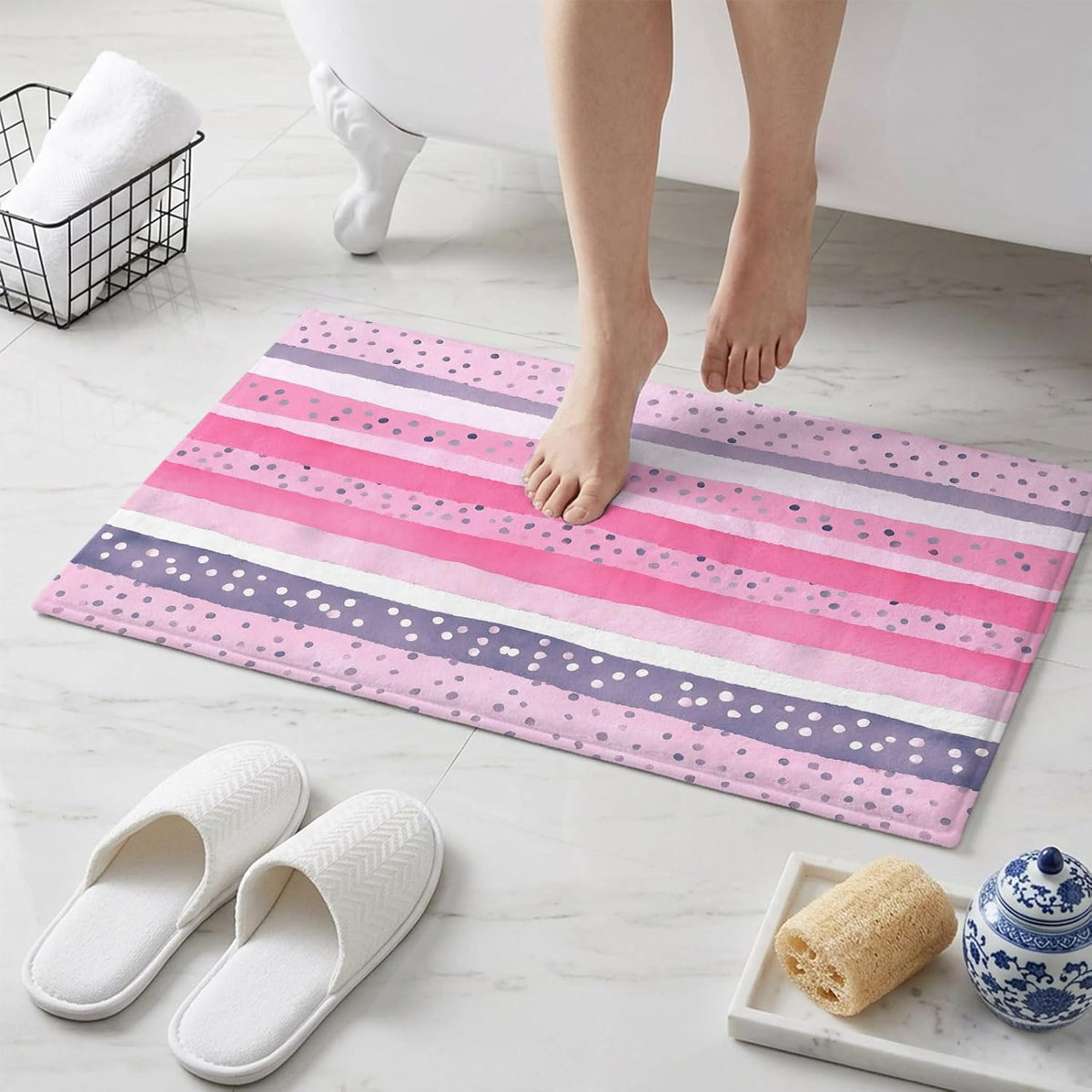 Non Slip Bath Mat for Bathroom Floor Tub, Abstract Pink Horizontal Stripes Bathroom Rug Water Absorbent Soft Shaggy Rugs Indoor Doormats Polka Dots Mats,16x24in
