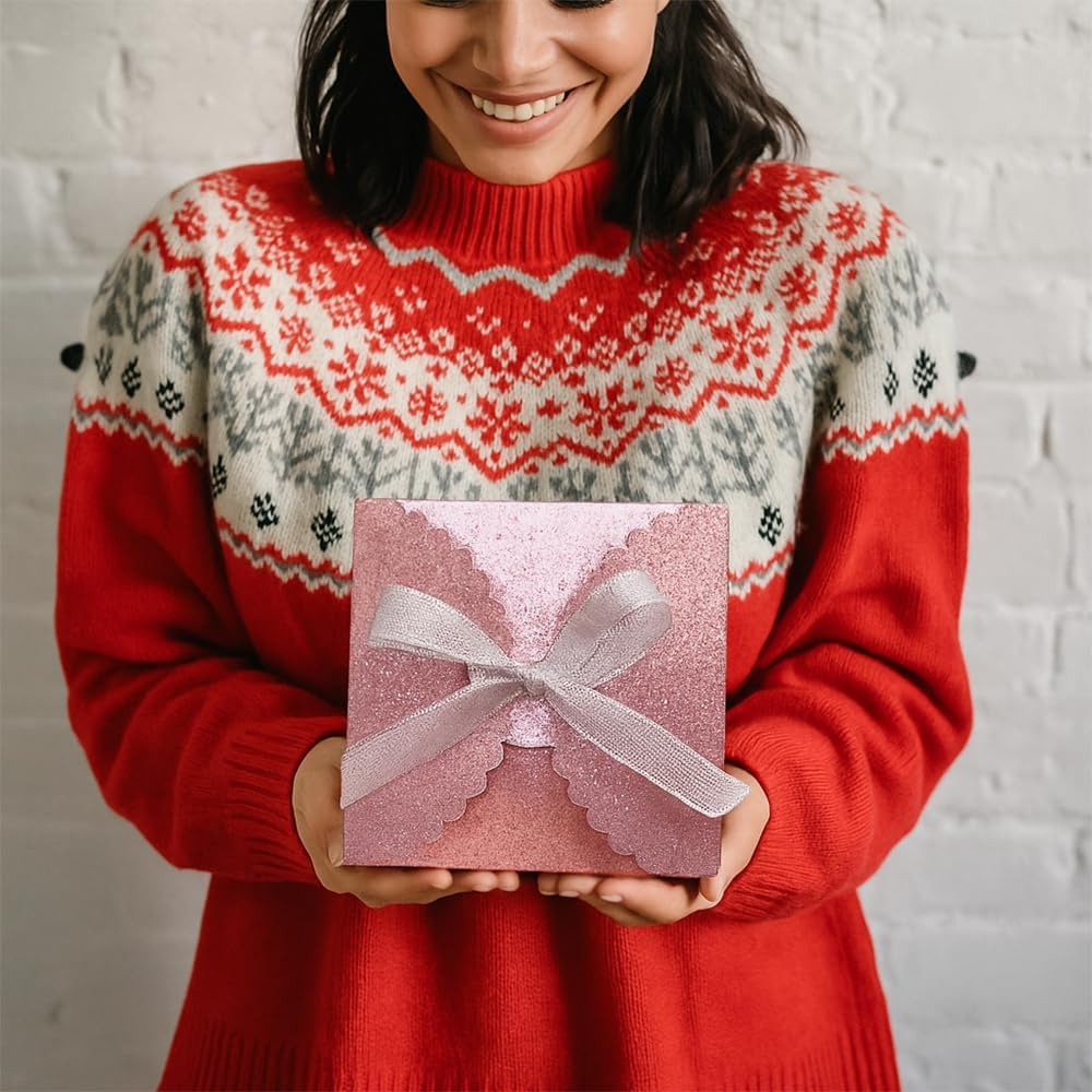 Small Pink Glitter Gift Box with Ribbon, 10 Sparkly Foldable Boxes