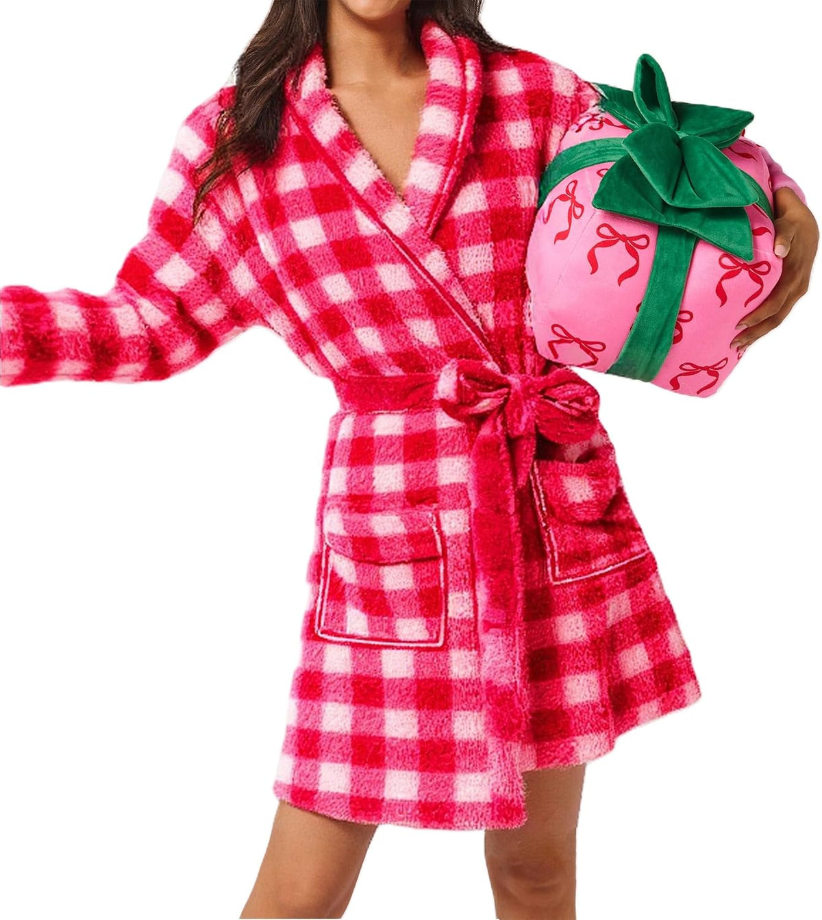Women Plush Soft Long Towel Robe Fleece Cute Print Shawl Collar Spa Bathrobe Lightweight Warm Gown Sleepwear