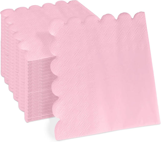 100 Pcs 2-ply Pink Scalloped Sage Cocktail Napkins Thick Paper Napkins Disposable Party Napkins Beverage Napkins for Birthday, Wedding,Anniversary Party, Baby Shower 5 x 5 Inches (Light Pink)