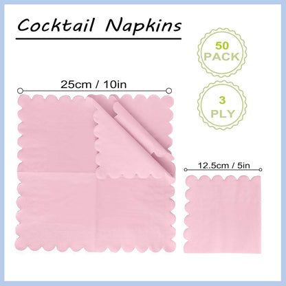 100 Pcs 2-ply Pink Scalloped Sage Cocktail Napkins Thick Paper Napkins Disposable Party Napkins Beverage Napkins for Birthday, Wedding,Anniversary Party, Baby Shower 5 x 5 Inches (Light Pink)