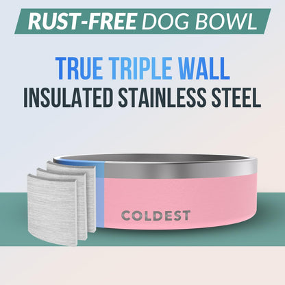Dog Bowl - Anti Rust Metal, Non Slip, 3 Layers Insulated Stainless Steel Dog Bowls - Spill Proof & Heavy Duty - Water Bowl for Dogs, Cats & Pets, Dish Washer Safe (42 oz,Cotton Candy Pink)