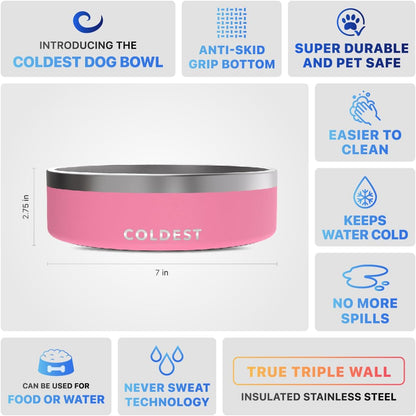 Dog Bowl - Anti Rust Metal, Non Slip, 3 Layers Insulated Stainless Steel Dog Bowls - Spill Proof & Heavy Duty - Water Bowl for Dogs, Cats & Pets, Dish Washer Safe (42 oz,Cotton Candy Pink)