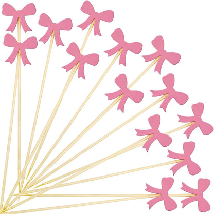 Pink Bow Fruit Skewer Sticks, 5 Inch Food Picks for Baby Shower Appetizers, Sandwich Dessert Toothpicks, Cocktail Drink Garnish for Coquette Birthday Themed Party Decorations (100PCS)