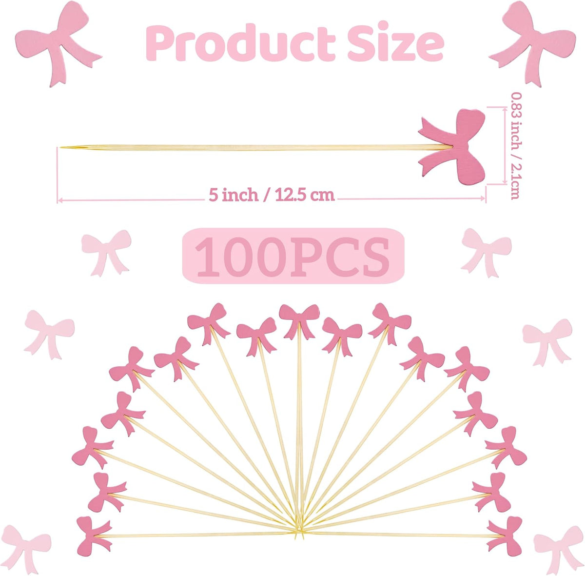 Pink Bow Fruit Skewer Sticks, 5 Inch Food Picks for Baby Shower Appetizers, Sandwich Dessert Toothpicks, Cocktail Drink Garnish for Coquette Birthday Themed Party Decorations (100PCS)