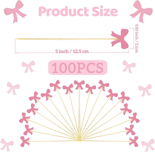 Pink Bow Fruit Skewer Sticks, 5 Inch Food Picks for Baby Shower Appetizers, Sandwich Dessert Toothpicks, Cocktail Drink Garnish for Coquette Birthday Themed Party Decorations (100PCS)